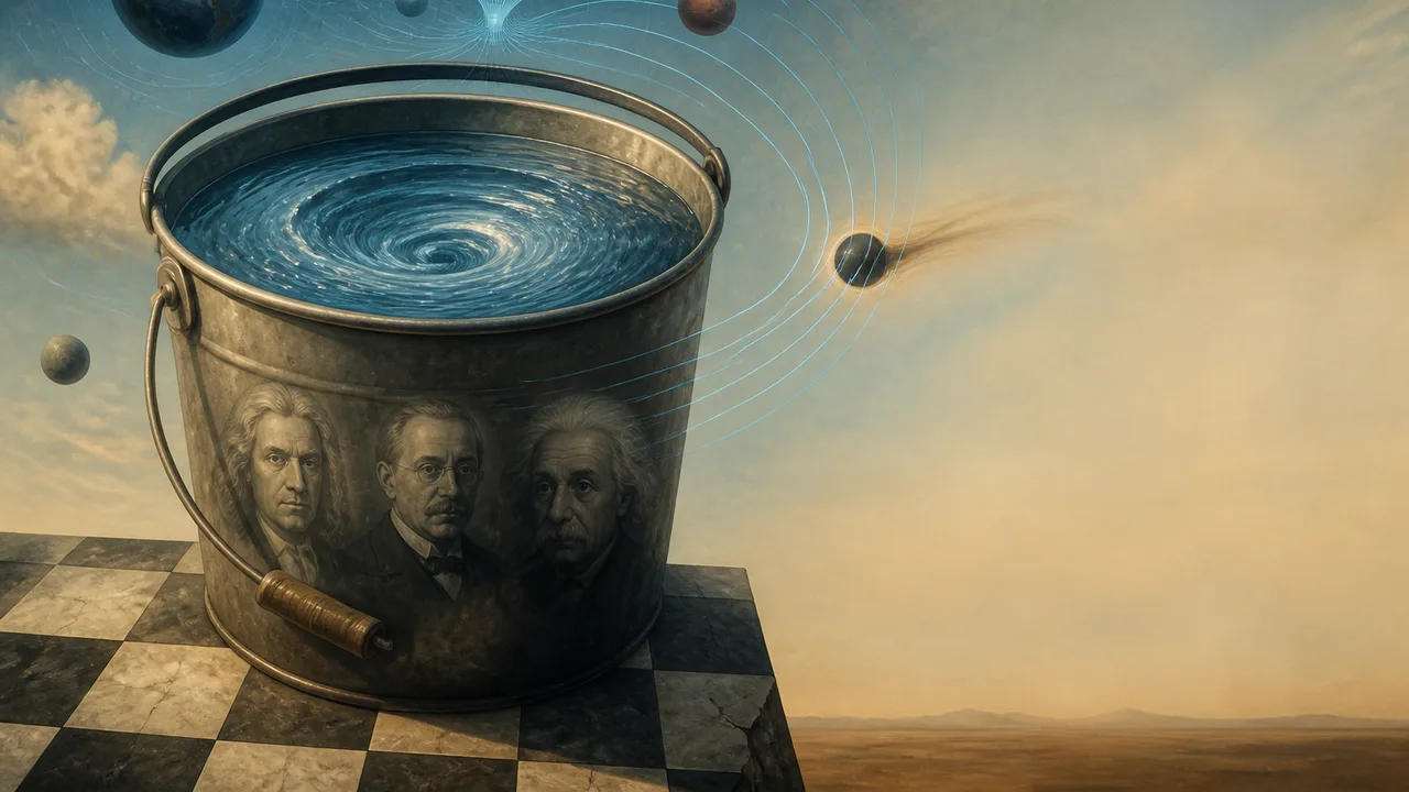 Metal bucket filled with blue water showing optical distortion, with red arrow pointing to the center and "This Broke…