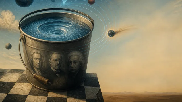 Metal bucket filled with blue water showing optical distortion, with red arrow pointing to the center and "This Broke…