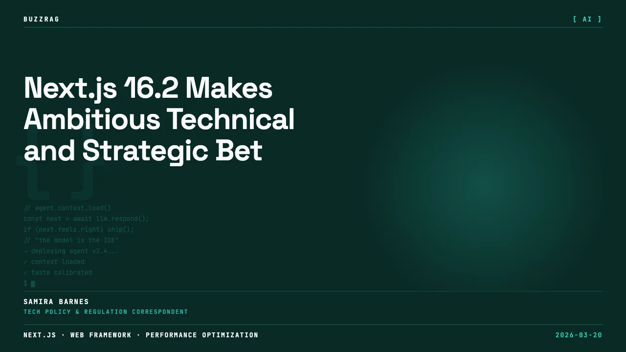 A man with a skeptical expression against a black background with "NEXT.JS 16.2" text displayed on the right side
