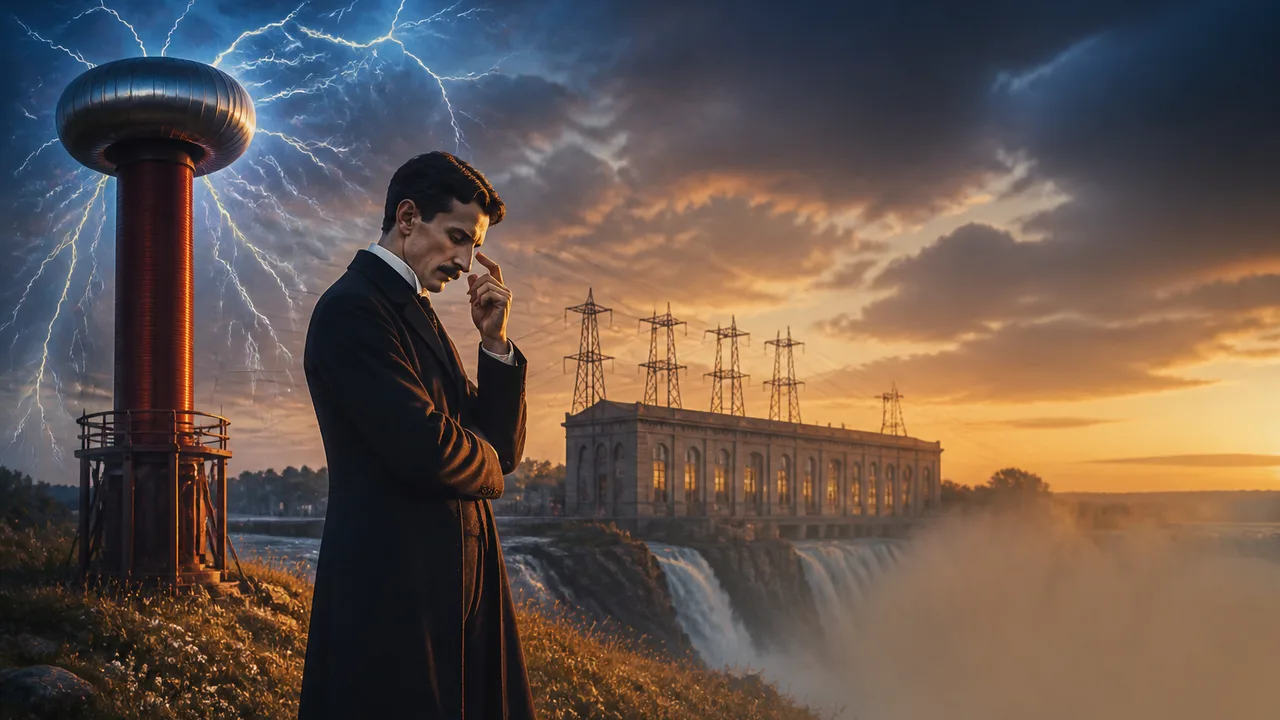 Black-and-white portrait of Nikola Tesla beside bold NIKOLA TESLA lettering, orange splatter background, and BIOGRAPHICS logo