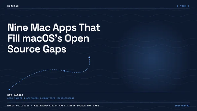MacBook displaying colorful app icons with "9 ESSENTIAL APPS" text, featuring a music control widget and various software…
