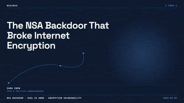 Cybersecurity-themed graphic with encryption icons (key, padlock, VPN shield, camera) surrounding blue text on a grid…