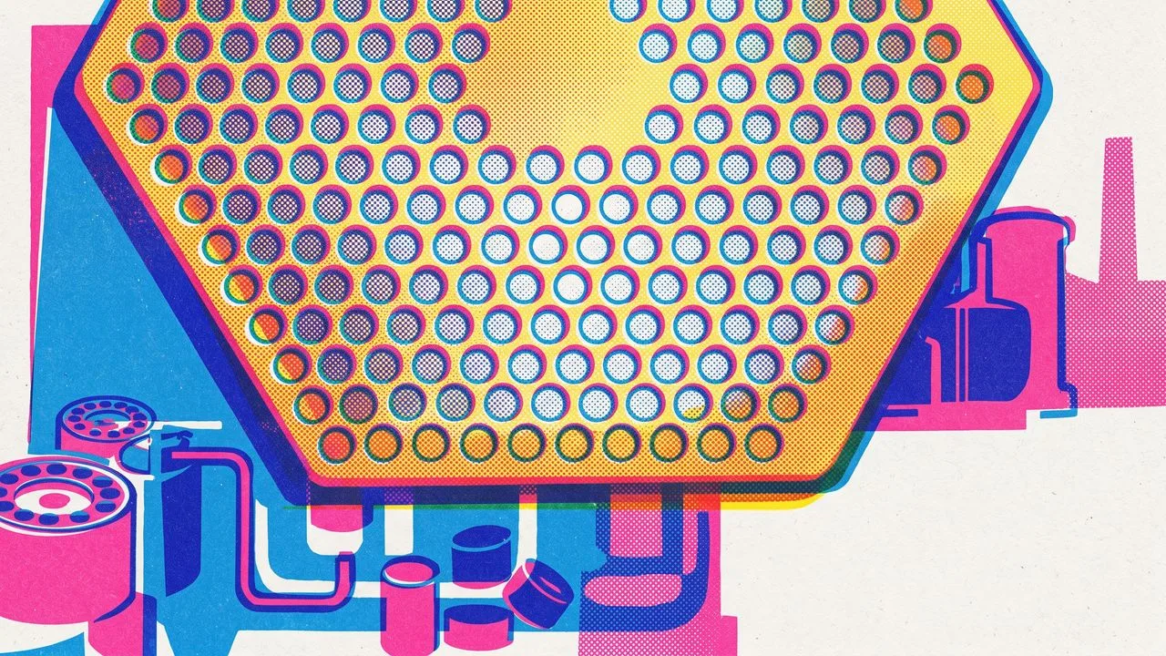 Glowing radioactive fuel pellets in orange and blue arranged in a 3D grid structure against a dark background, labeled…