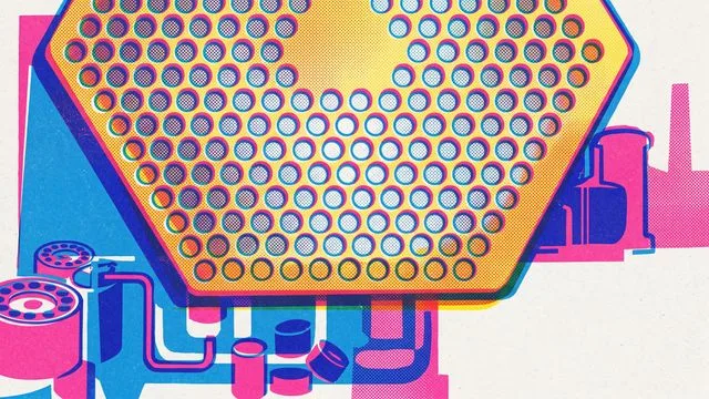 Glowing radioactive fuel pellets in orange and blue arranged in a 3D grid structure against a dark background, labeled…