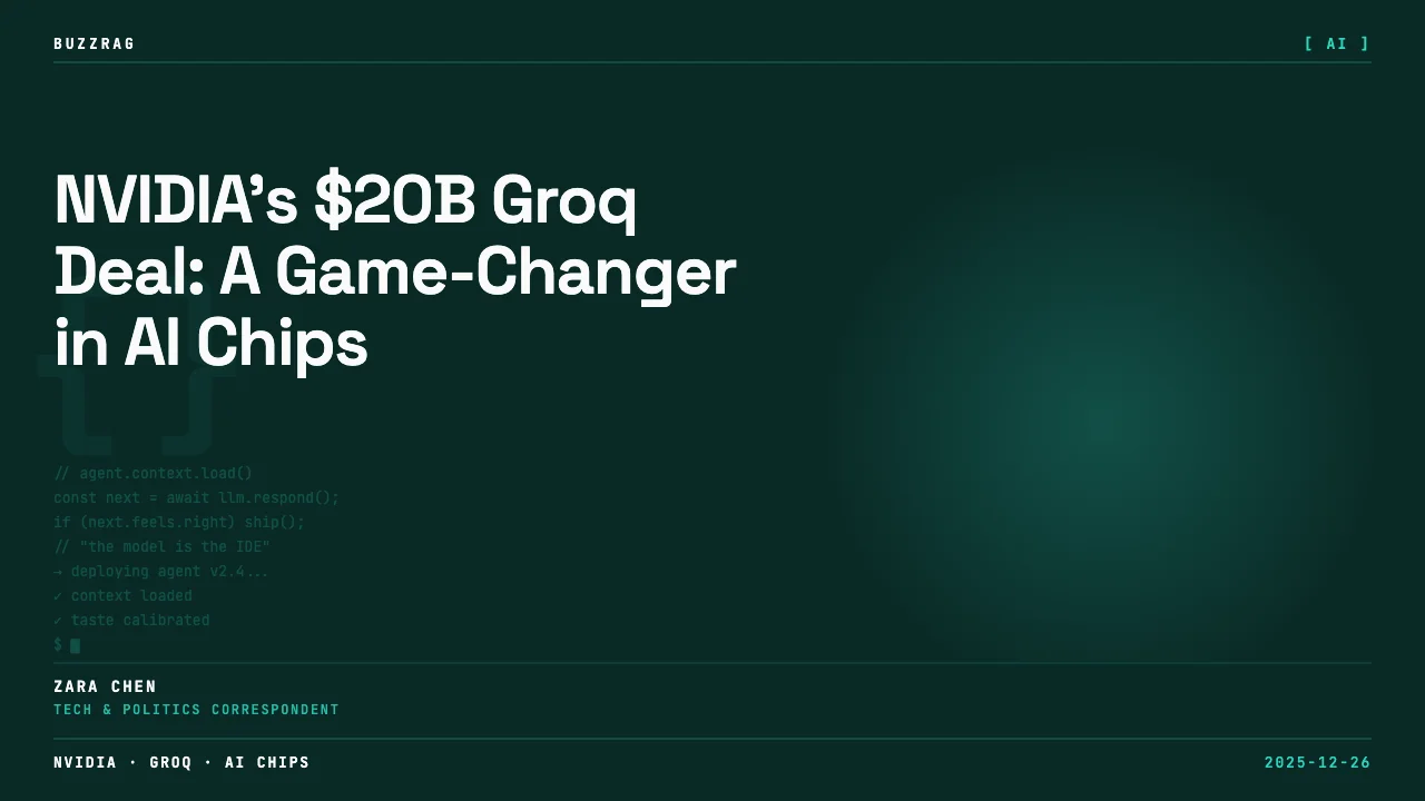 Man with surprised expression against purple background with text "NVIDIA BUYS GROQ" in white and red letters