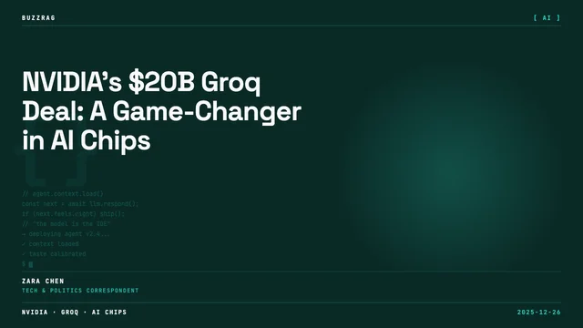 Man with surprised expression against purple background with text "NVIDIA BUYS GROQ" in white and red letters