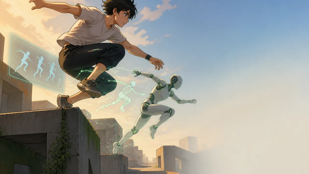 Green humanoid figure leaps over gray buildings while red figures lie scattered below, with "Two Minute Papers" logo in…