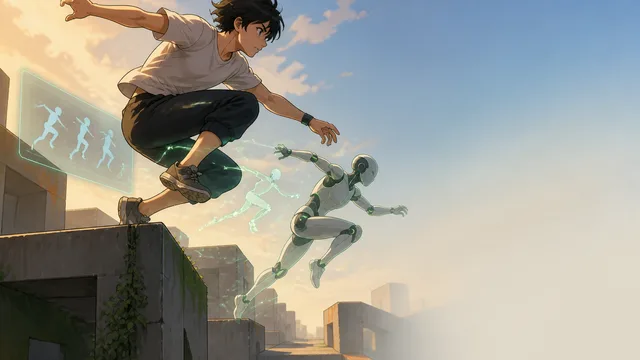 Green humanoid figure leaps over gray buildings while red figures lie scattered below, with "Two Minute Papers" logo in…