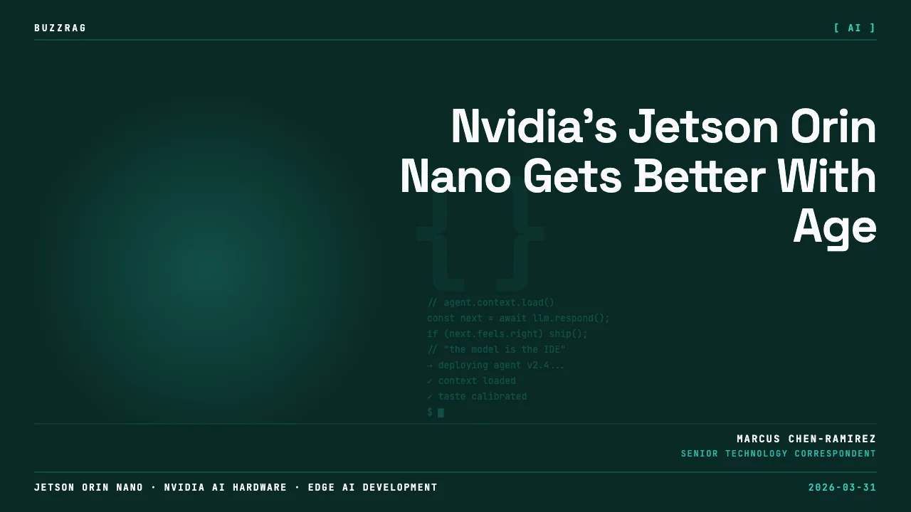 NVIDIA Jetson Orin Nano developer kit circuit board displayed next to its packaging box on a desk