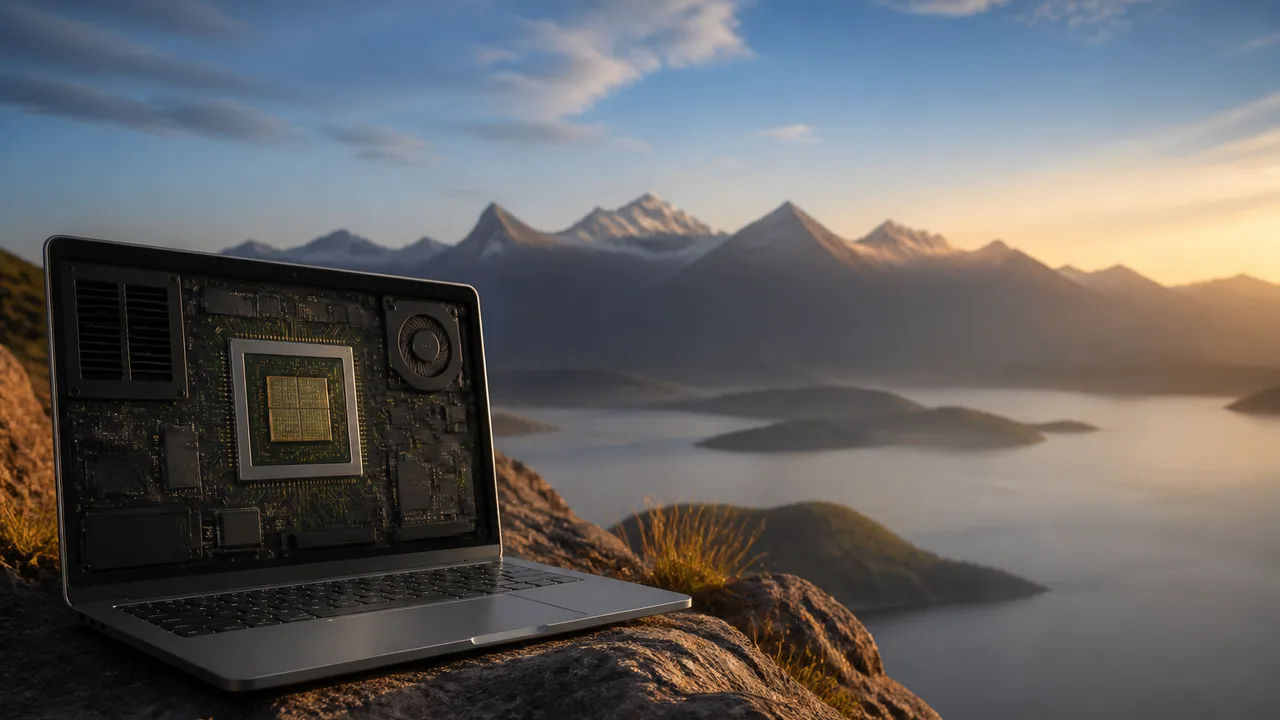 Server racks with blue lights on left labeled "RIP CLOUD AI" in red text, and NVIDIA N1X chip on right against black…