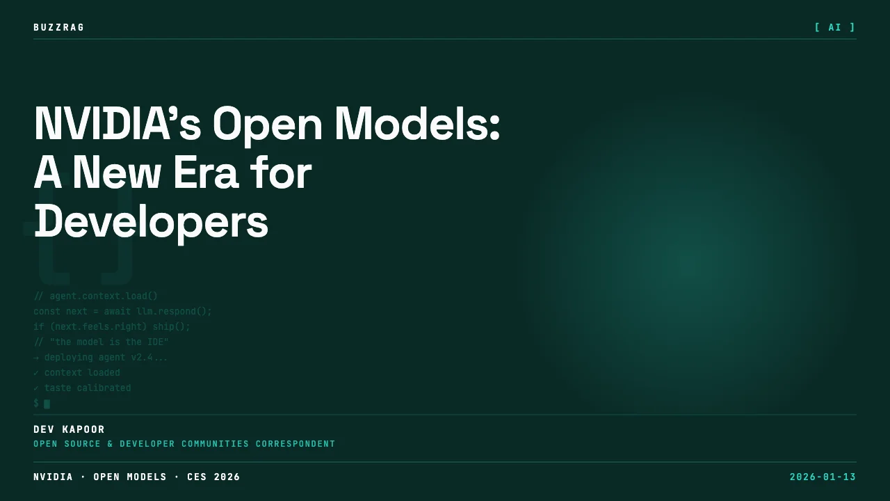 NVIDIA logo with "13 OPEN MODELS" text overlaid on presentation slide showing AI applications and workflow diagram with a…