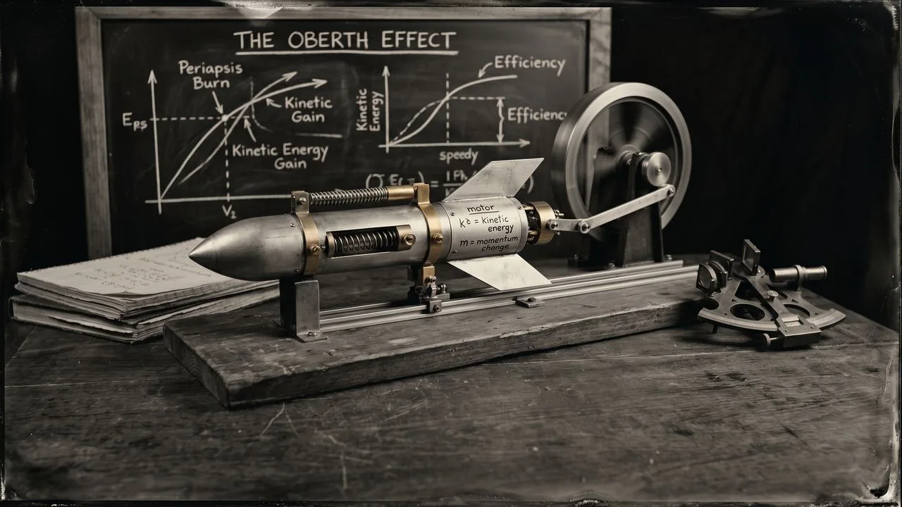 A black rocket nozzle expels glowing orange plasma and sparks toward a black sphere, with a red arrow pointing to the…