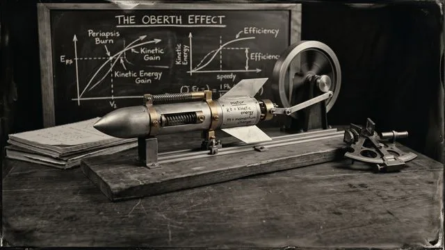 A black rocket nozzle expels glowing orange plasma and sparks toward a black sphere, with a red arrow pointing to the…