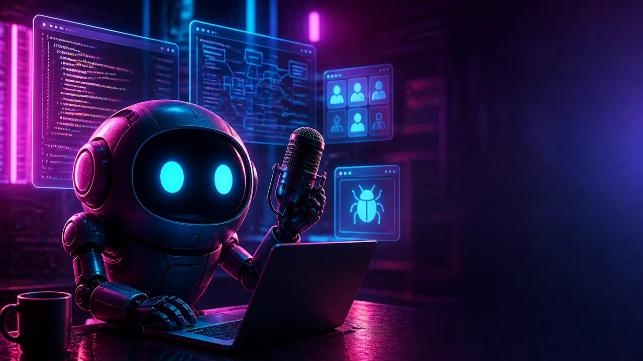 A streamer wearing headphones points at an OMP v17.2.5 terminal interface displaying coding tips and recent Python sessions…