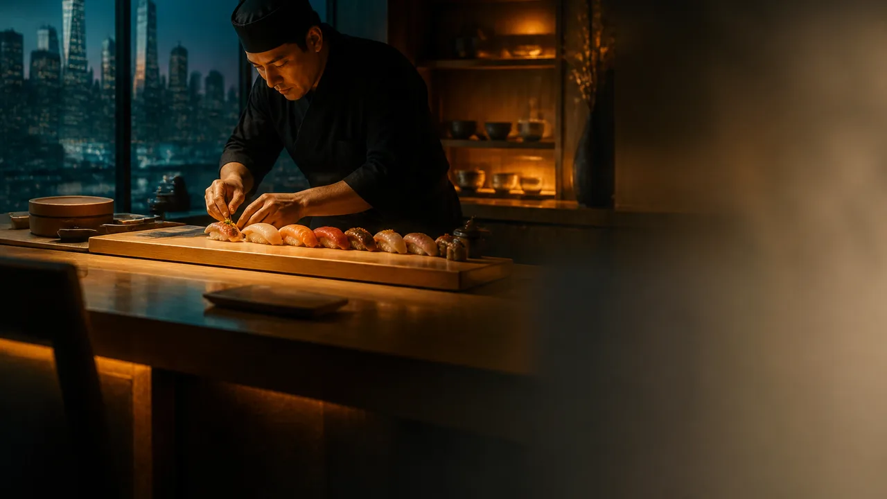A sushi chef prepares nigiri at a counter while hands hold various pieces of premium sushi in foreground, with "The…