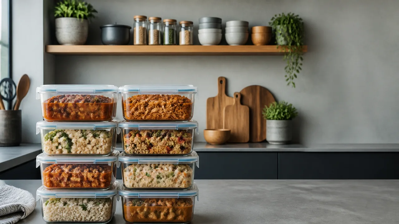 Woman with red hair smiling behind 16 stacked meal prep containers in a modern kitchen