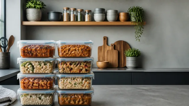 Woman with red hair smiling behind 16 stacked meal prep containers in a modern kitchen