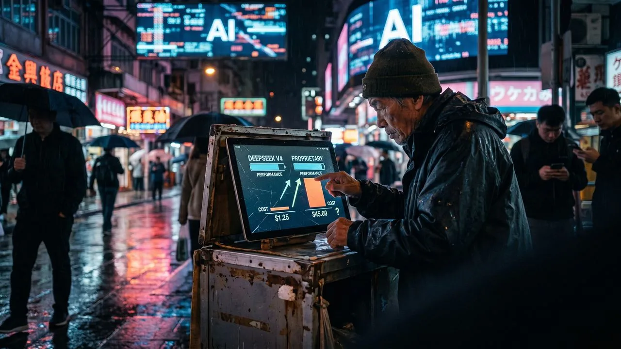 Man with beard wearing cap surrounded by neon-glowing logos of tech companies (Google, Microsoft, Nvidia, OpenAI, Whales)…