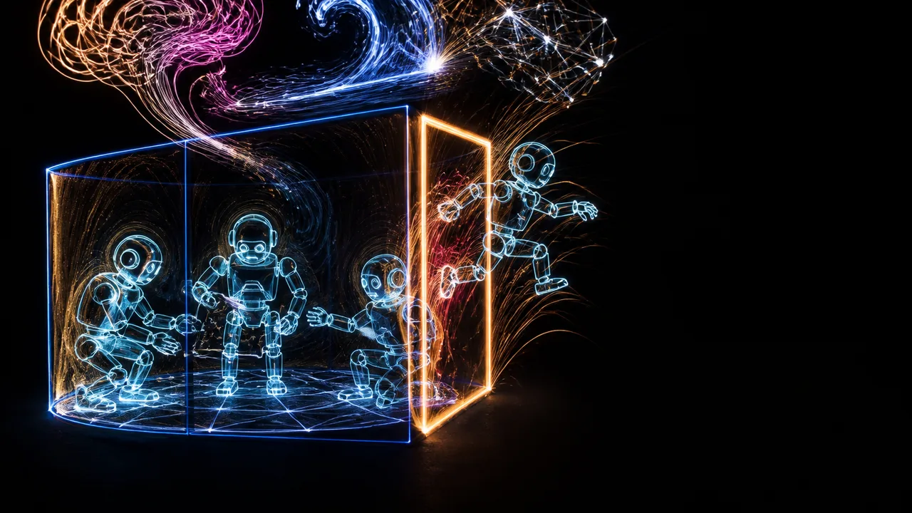 Five labeled male portraits above bold text “Three magic words: AGI has arrived” and MOONSHOTS