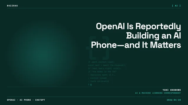 Two men shake hands on stage beneath a giant glowing hand holding a blue smartphone, with "Hello, OpenAI phone" displayed…