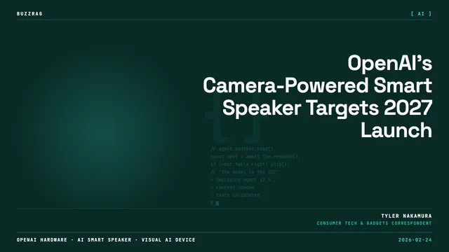 OpenAI's AI Vision Speaker device displayed on stage with two presenters and "INTRODUCING AI VISION SPEAKER" text on black…
