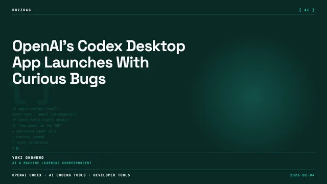 OpenAI Codex logo and "CODEX DESKTOP" text overlay a code editor interface with green upward arrow, promoting AI-powered…