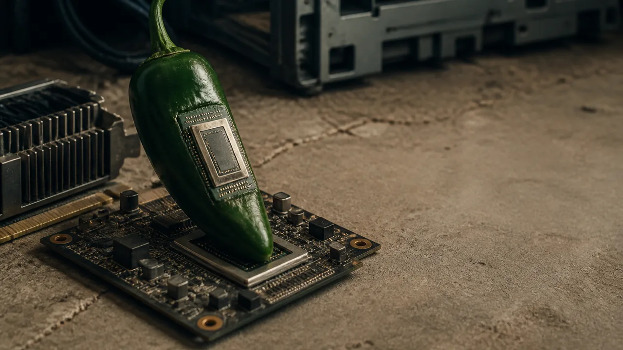 Presenter comparing OpenAI Jalaapeño chip to NVIDIA GB300, displaying "104X MORE EFFICIENT?" text with both chips shown…