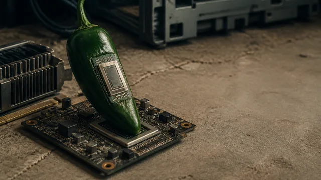 Presenter comparing OpenAI Jalaapeño chip to NVIDIA GB300, displaying "104X MORE EFFICIENT?" text with both chips shown…
