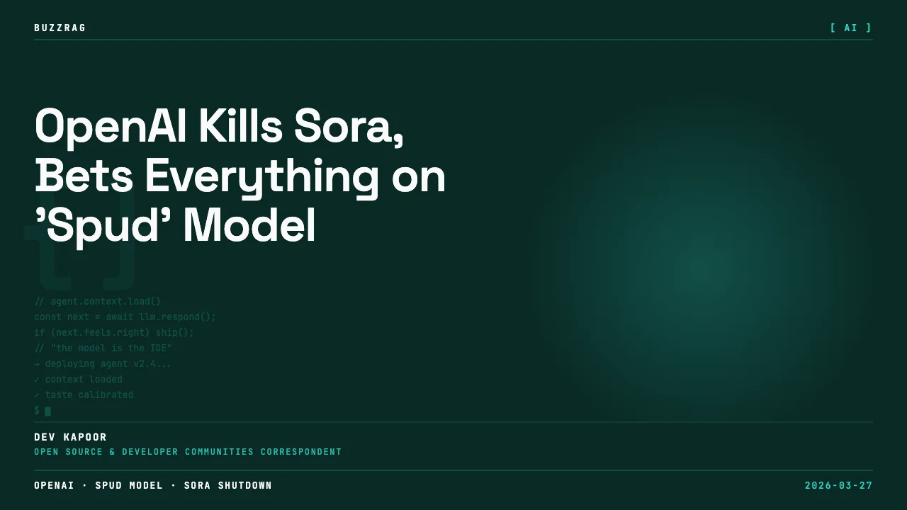 OpenAI logo with "NEW SPUD MODEL" text in yellow boxes on black background, person with surprised expression on right side