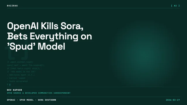 OpenAI logo with "NEW SPUD MODEL" text in yellow boxes on black background, person with surprised expression on right side