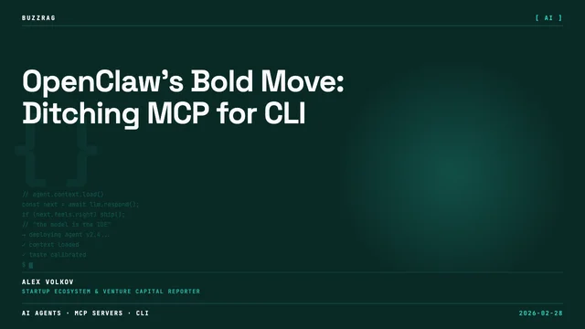 Man in gray sweater gestures toward a terminal window displaying "cli > mcp" with text "FOR AGENTS" above it against a dark…