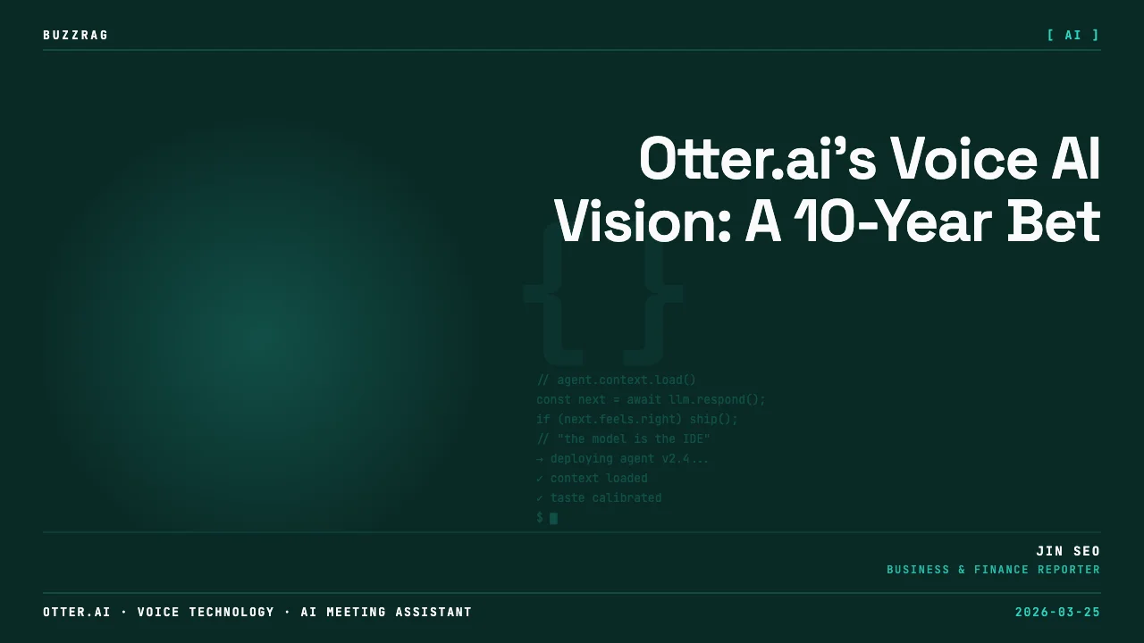 Founder of Otter.ai Sam Liang speaks against a black background with a glowing bell curve graph, emphasizing long-term…