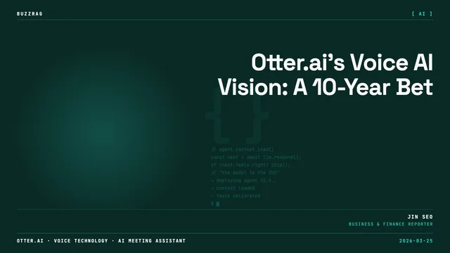 Founder of Otter.ai Sam Liang speaks against a black background with a glowing bell curve graph, emphasizing long-term…
