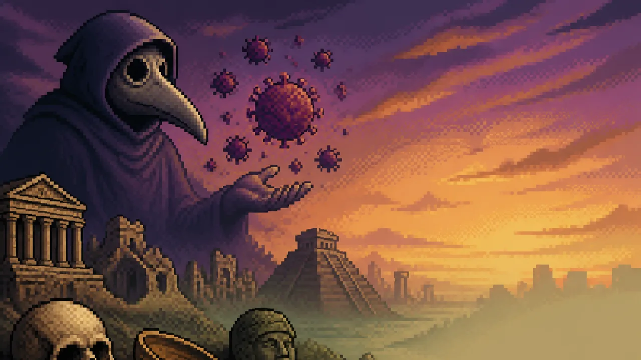 Eight illustrated panels depicting ancient plagues and civilizational collapses, including the Mississippian Collapse,…