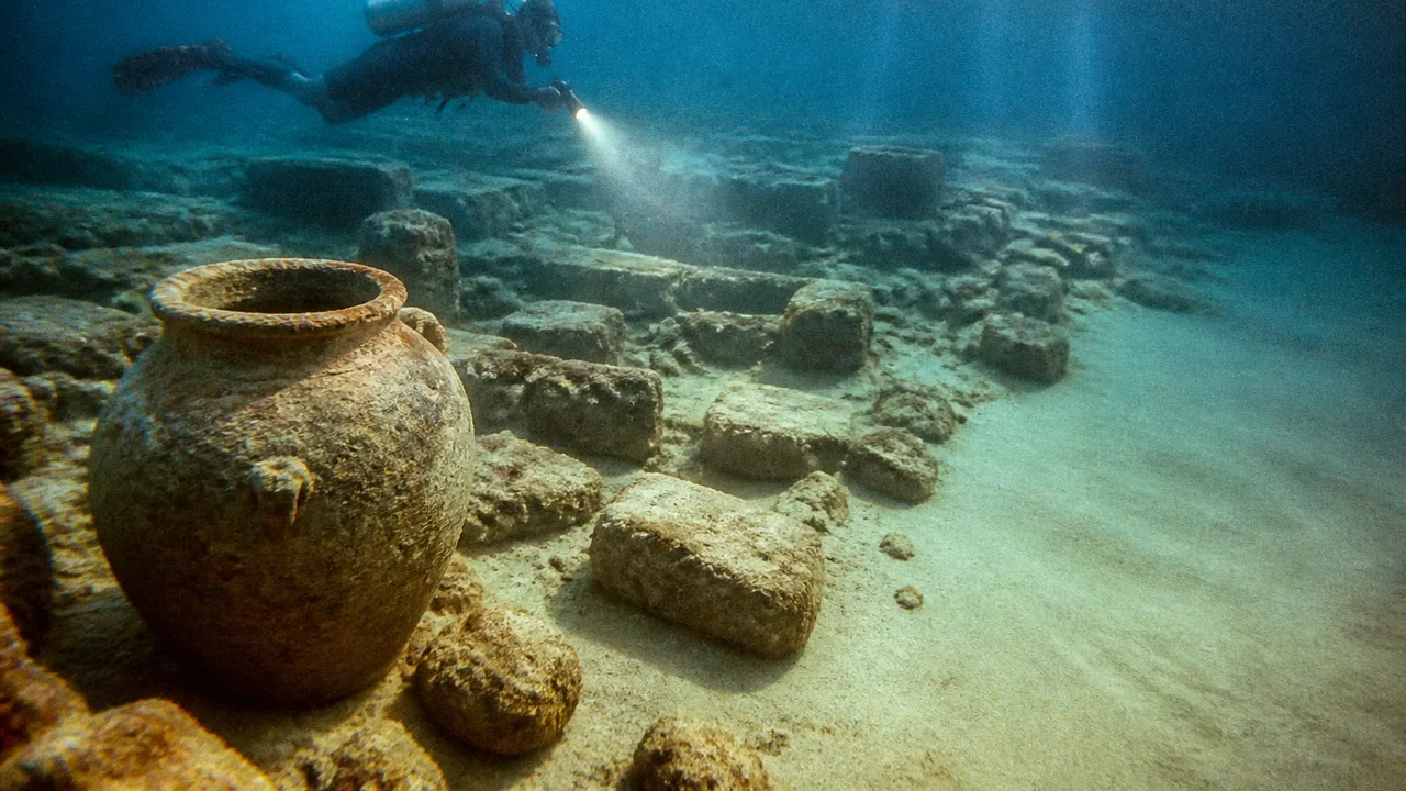 A scuba diver explores underwater ruins of an ancient sunken city with concrete structures and stone foundations visible on…