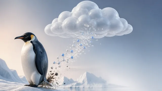 A penguin stands before a weather radar map displaying heat signatures and storm systems, with the SciShow logo visible in…