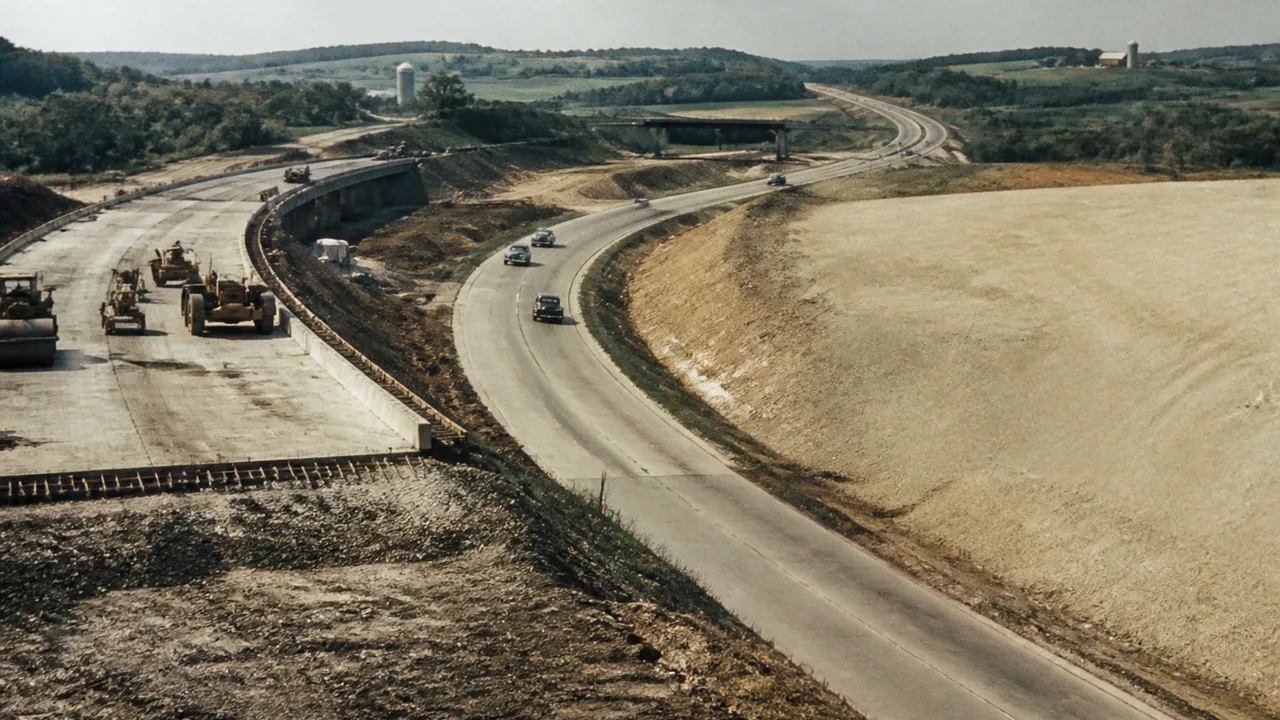 Aerial and road-level views of the Pennsylvania Turnpike showing highway curves, bridges, and autumn foliage along the…