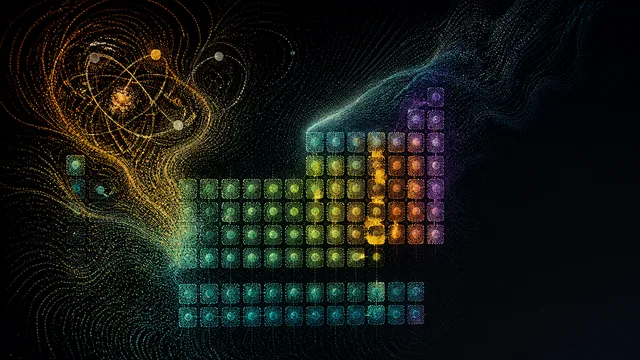 Two men flank a bearded scientist figure with the periodic table of elements displayed between them against a dark…