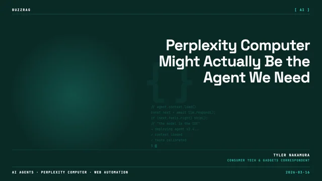 A retro computer icon with text reading "Perplexity Computer is insane" on a black background with a red underline accent