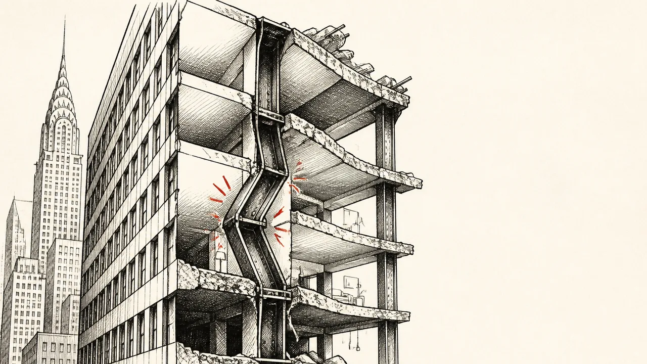 Modern skyscraper exterior contrasted with interior structural damage showing buckled metal columns and deteriorated…