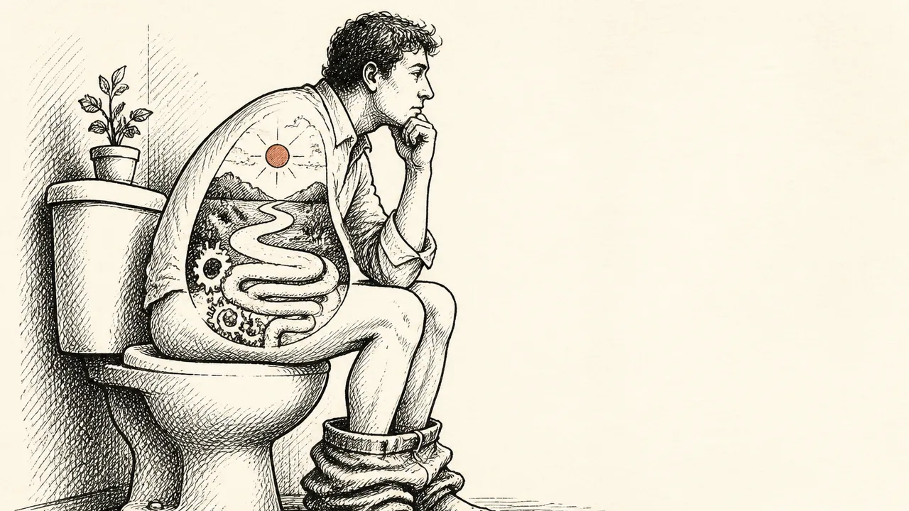 A bronze thinking statue sits atop a toilet against a blue sky with clouds, illustrating philosophical reflection in…
