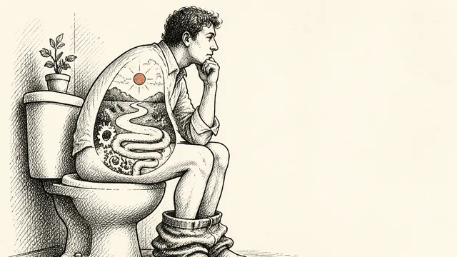 A bronze thinking statue sits atop a toilet against a blue sky with clouds, illustrating philosophical reflection in…