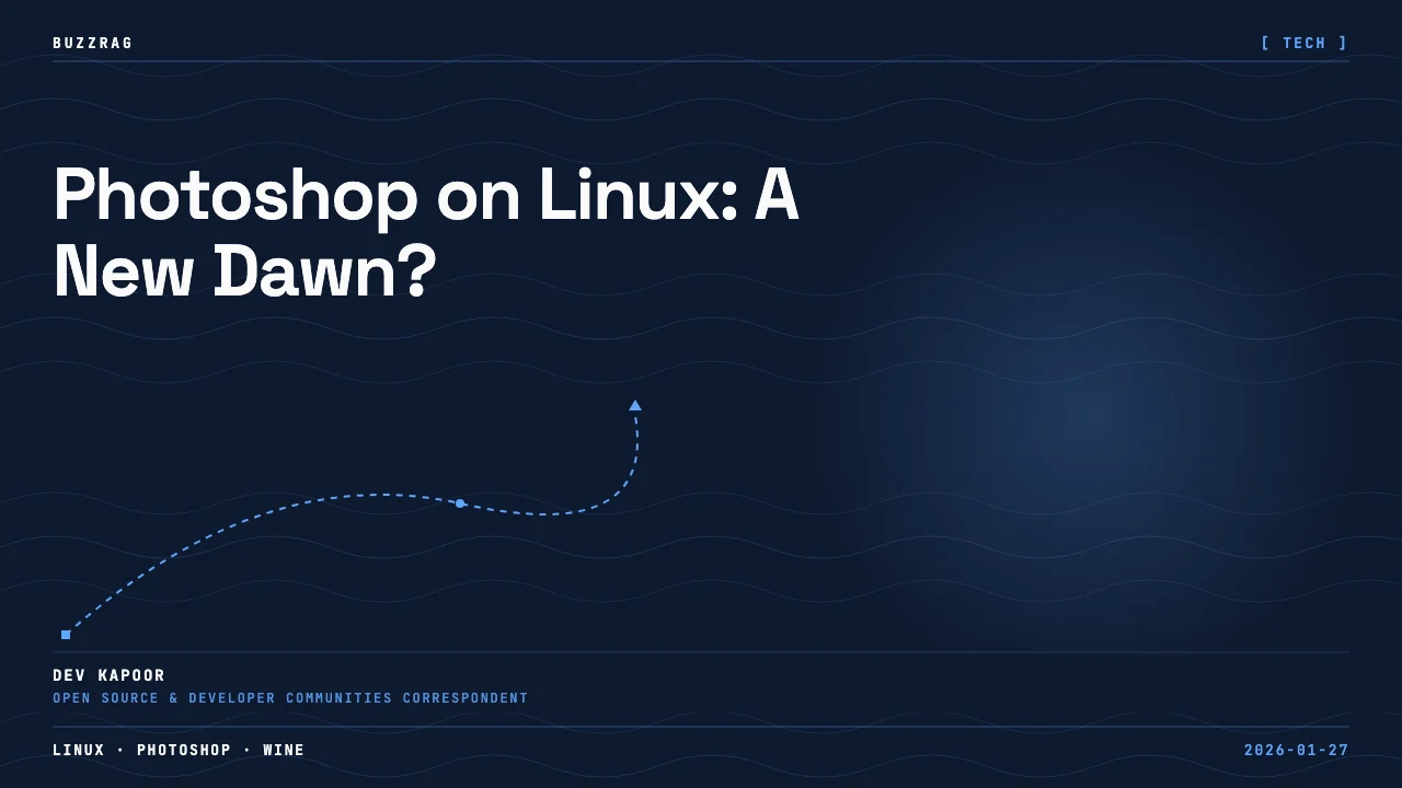 Four software logos arranged in quadrants: ReactOS, Photoshop, CachyOS, and This Week in Linux against colored backgrounds