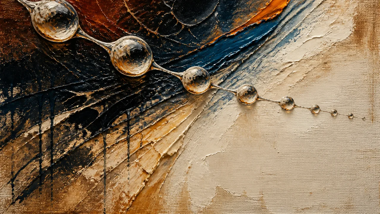A liquid droplet hangs from above with beads suspended along a thin string, illustrating the physics phenomenon described…