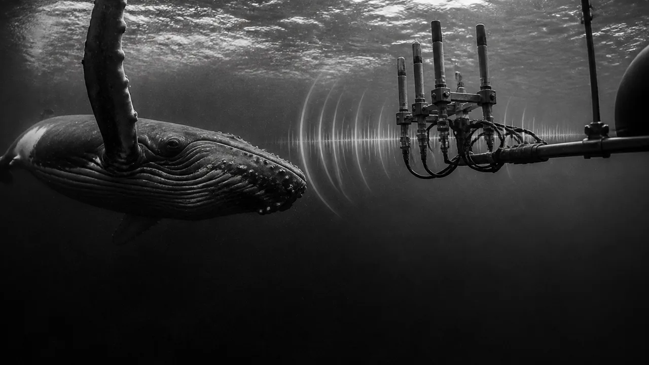 Two speakers discuss hippo sonar with animated sound wave visualization and hippo close-up on screen during physics…