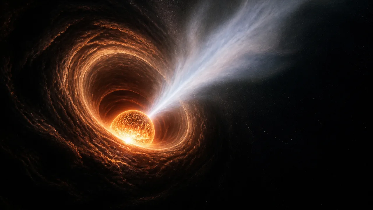 A bright light source with a white curved arrow points upward toward a purple and magenta energy beam radiating across a…