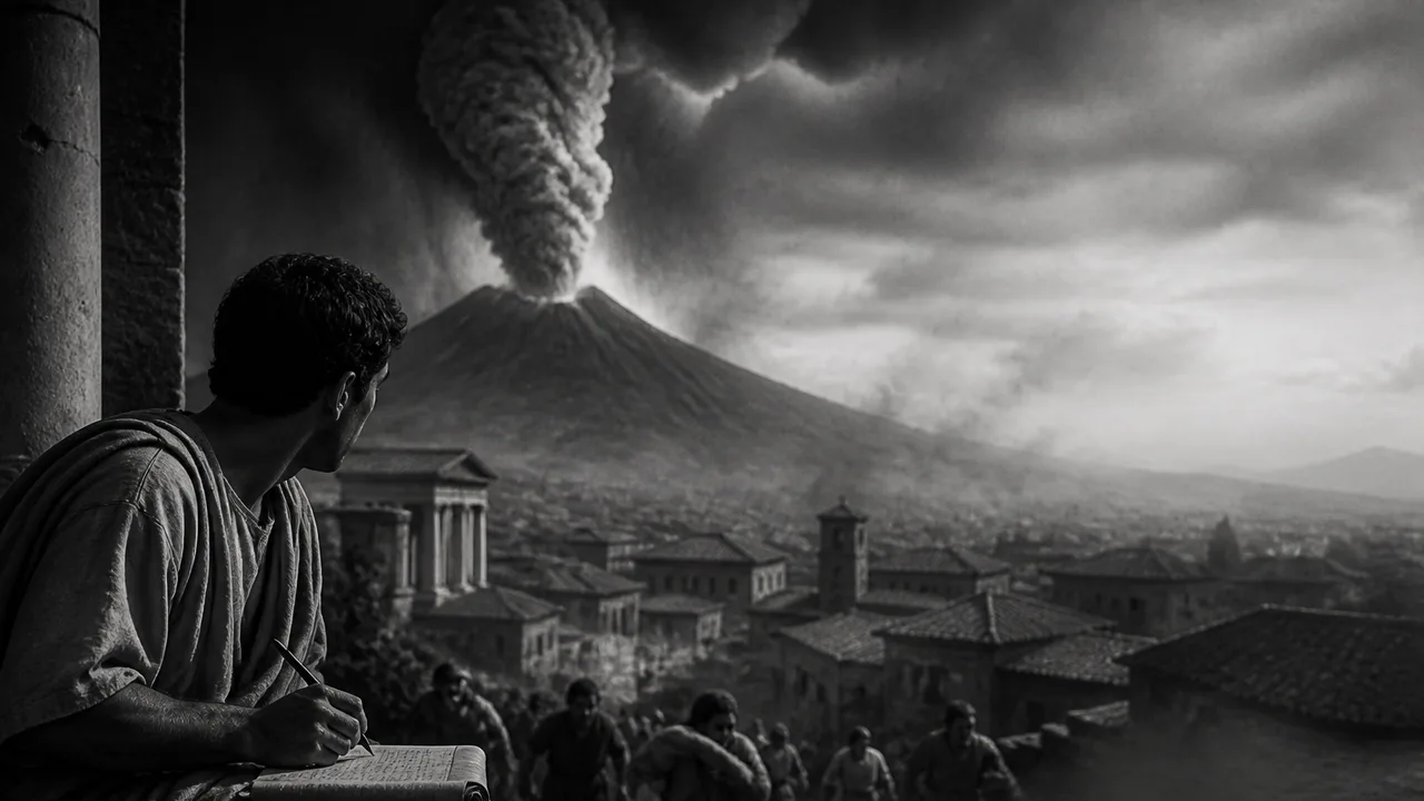 A robed figure gazes from a stone structure toward Mount Vesuvius erupting in flames above the burning city of Pompeii…