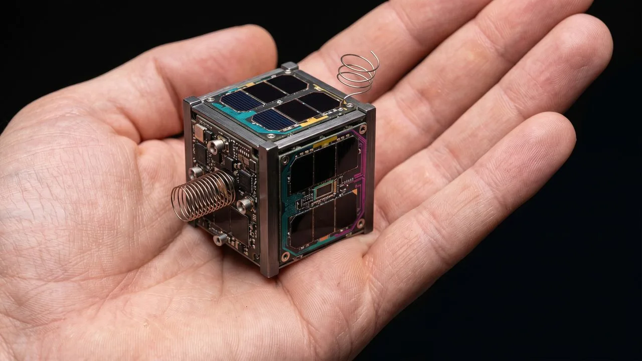 Man holding a tiny green circuit board in front of a space-themed workshop with text reading "Absolutely Tiny Satellites"…