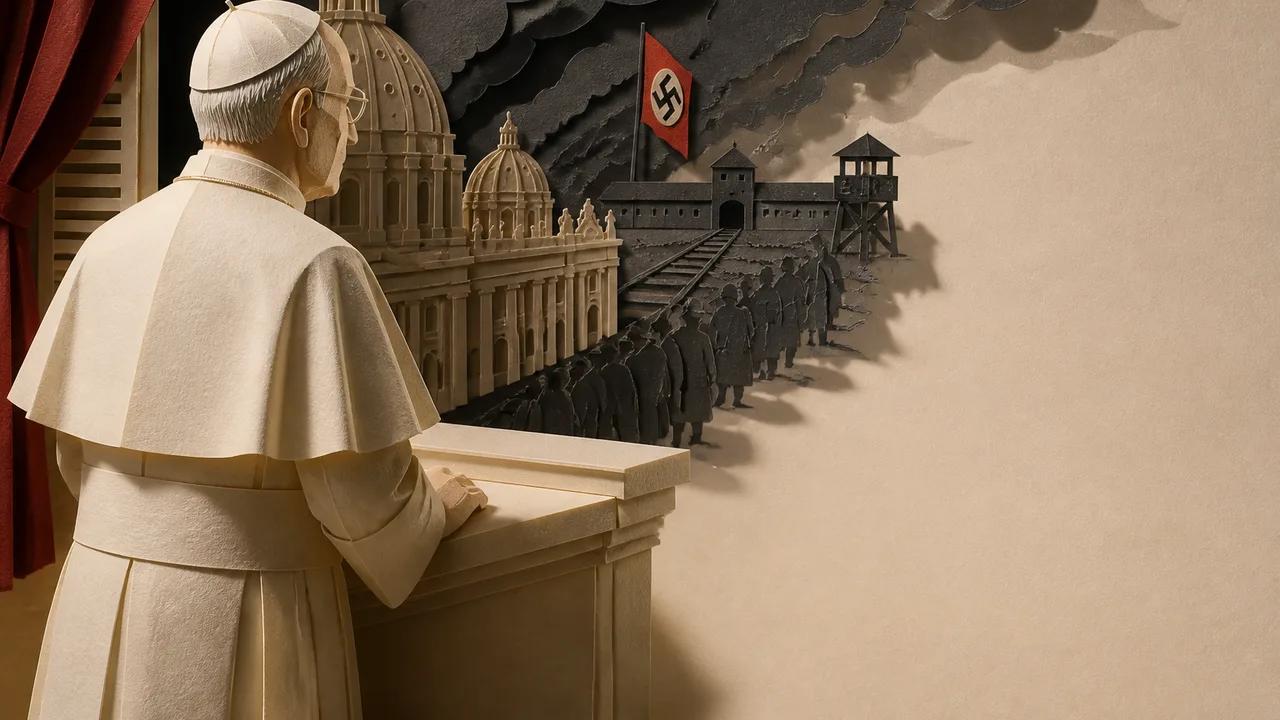 Pope in white robes with glasses stands before a detailed map of WWII-era Europe, with "Vatican During WW2" text overlay…