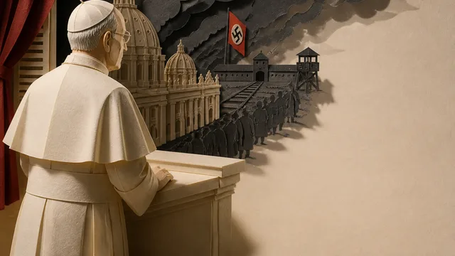 Pope in white robes with glasses stands before a detailed map of WWII-era Europe, with "Vatican During WW2" text overlay…